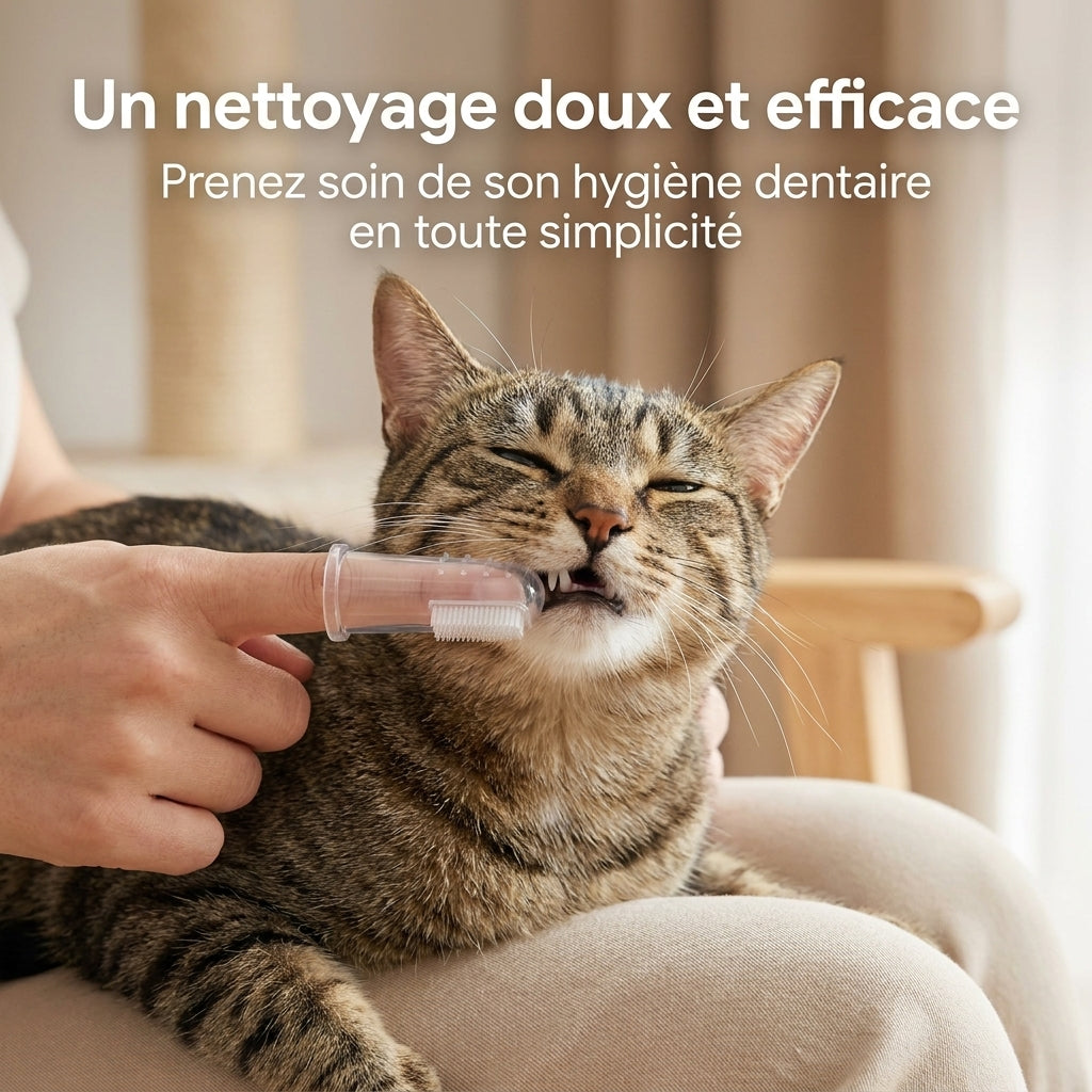 Doigtier en silicone passé sur les dents d'un chat tigré tenu dans les bras
