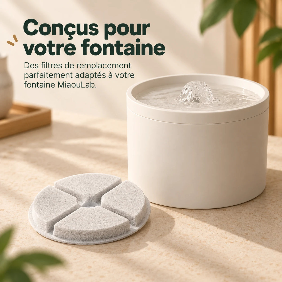 Infographie : le filtre posé à côté de la fontaine en céramique à laquelle il est destiné