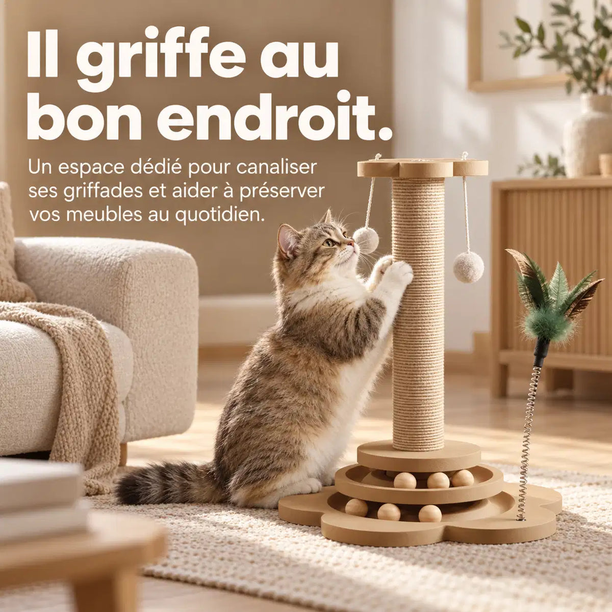 Un chat dressé sur ses pattes arrière qui griffe la colonne du griffoir, à côté d’un canapé