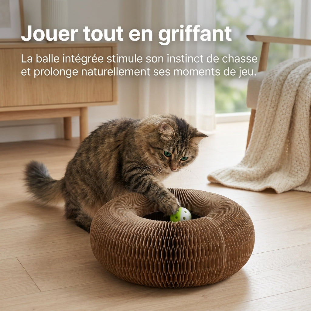 Chat tigré jouant avec la balle intégrée du griffoir donut MiaouLab