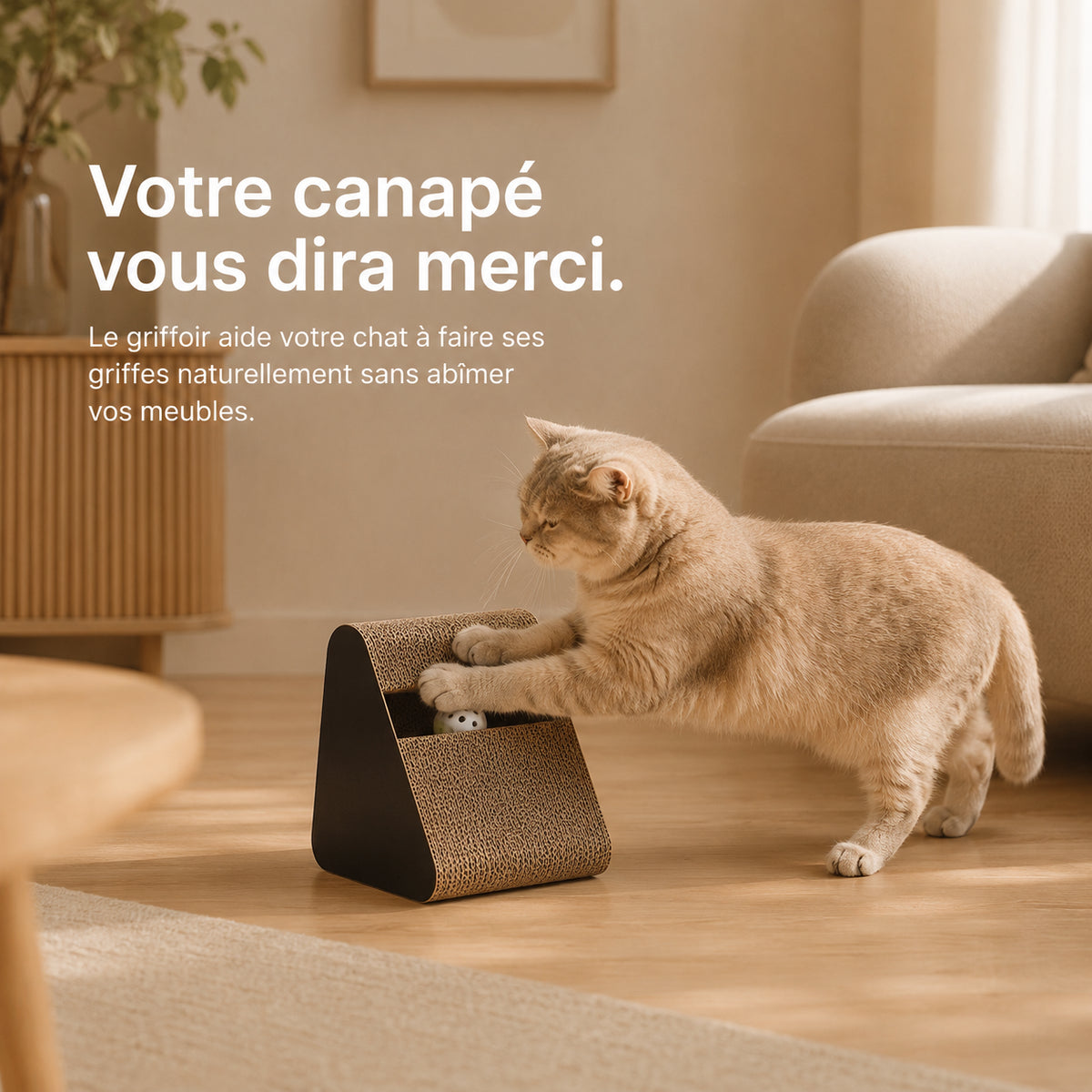 Griffoir triangle posé devant un canapé, un chat s'en approche