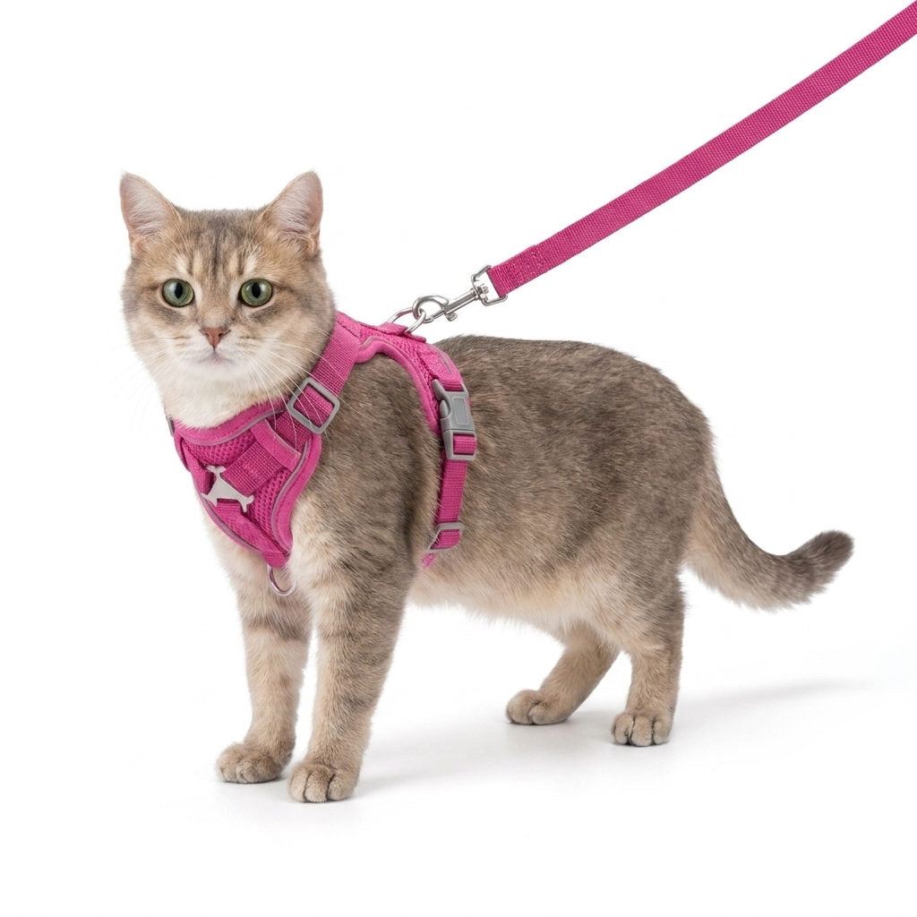 Chat beige portant le harnais anti-fugue MiaouLab fuchsia, avec sa laisse assortie