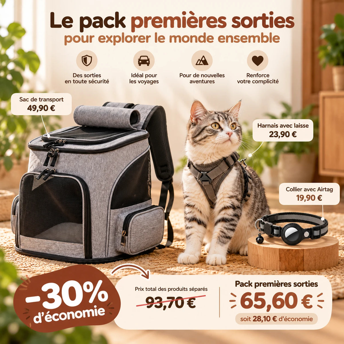 Détail des prix du pack : sac 49,90 €, harnais avec laisse 23,90 €, collier 19,90 €, soit 93,70 € contre 65,60 € en pack