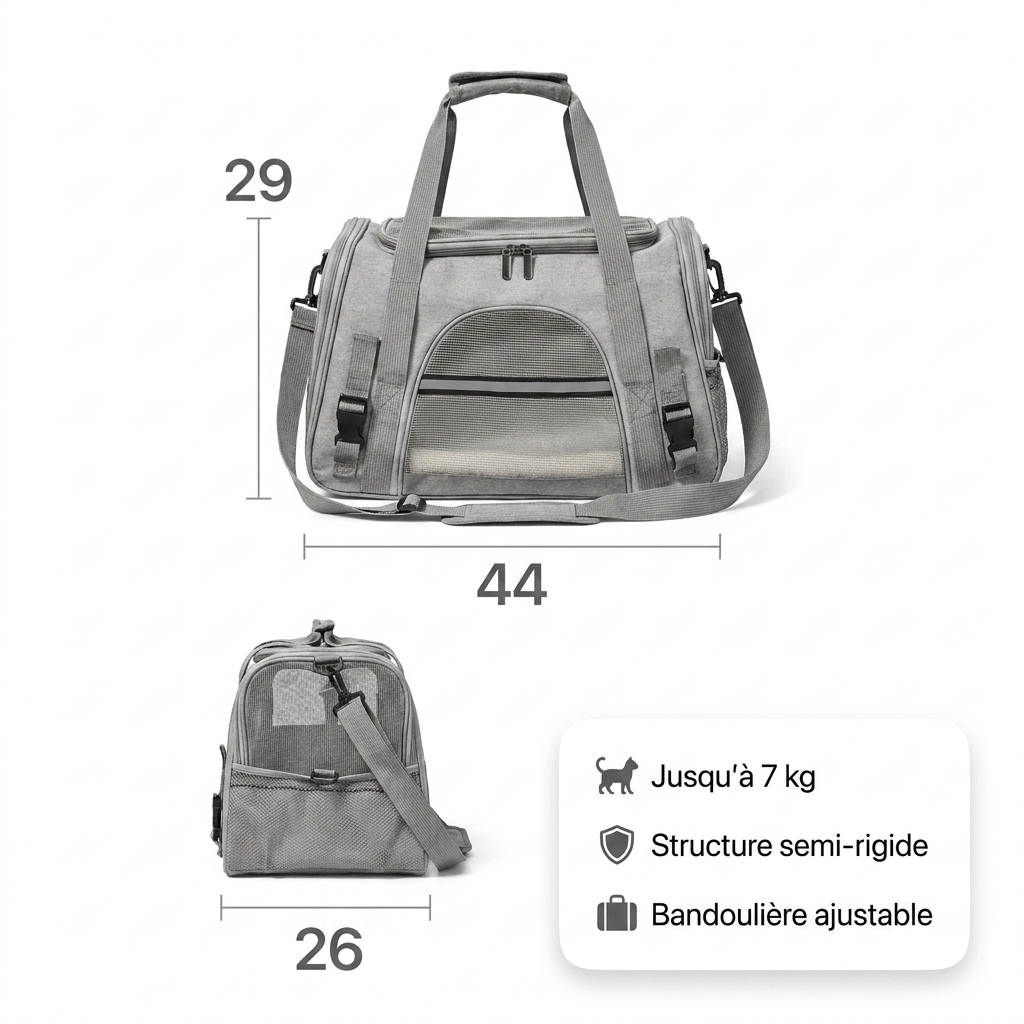 Dimensions du sac de transport MiaouLab : 44 cm de long, 29 cm de large, 26 cm de haut