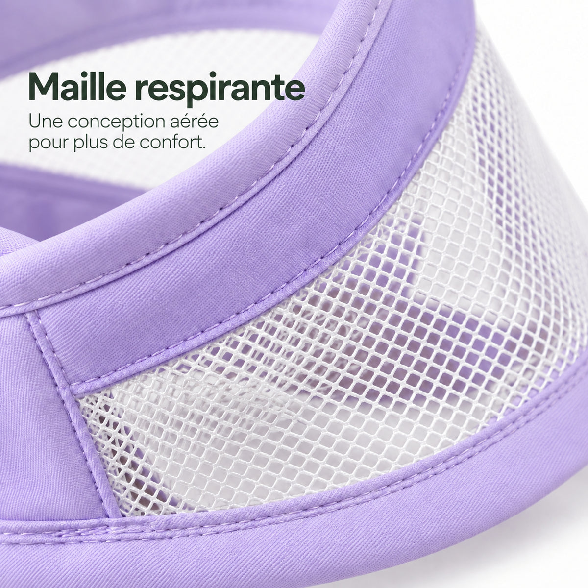 Gros plan sur la maille blanche et la bordure en tissu violet de la collerette