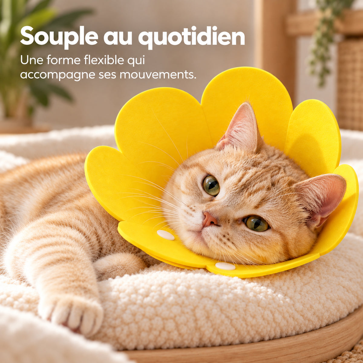 Chat roux allongé sur un coussin, portant la collerette fleur jaune