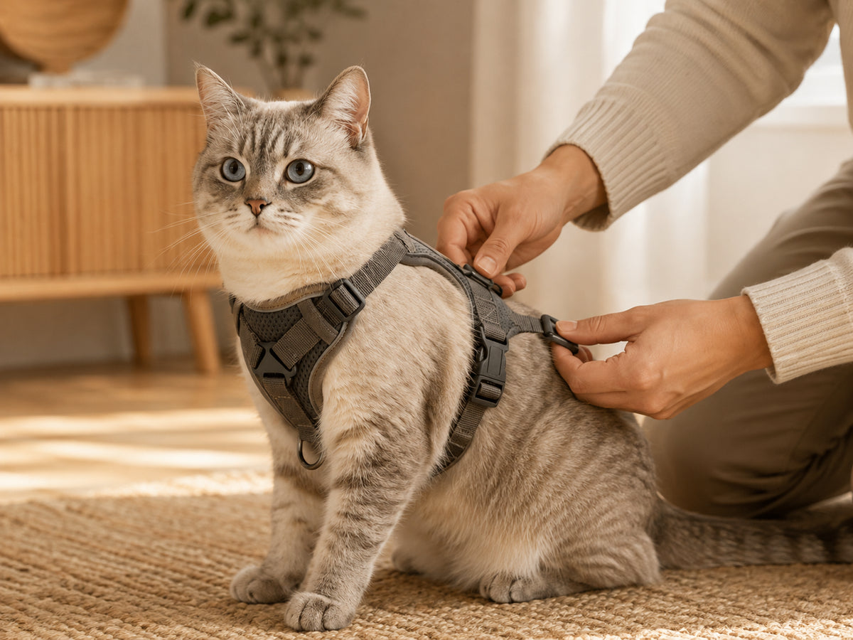 Une personne ajuste le harnais MiaouLab sur un chat assis dans un salon