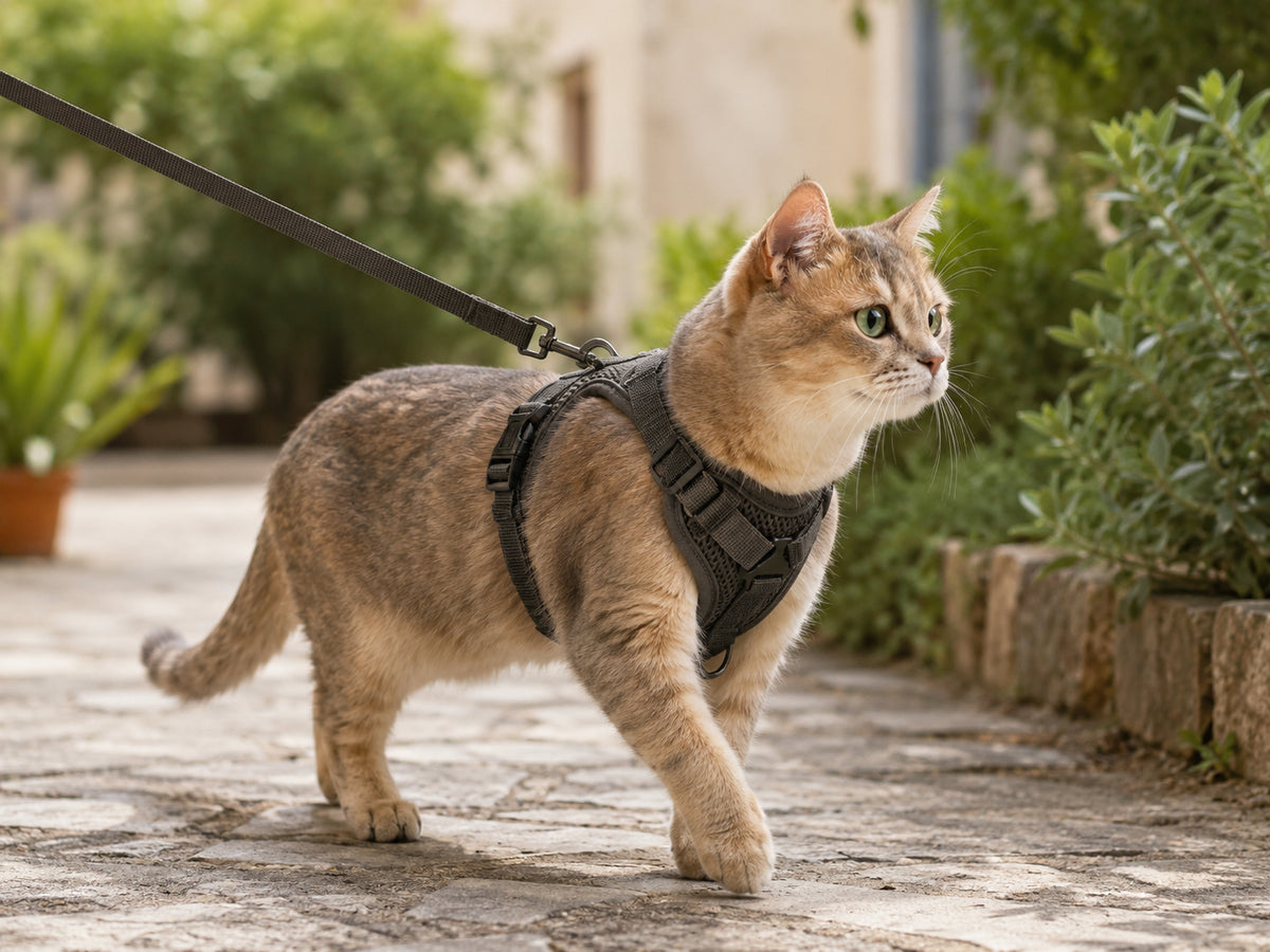 Chat beige portant le harnais anti-fugue MiaouLab, en promenade sur des pavés