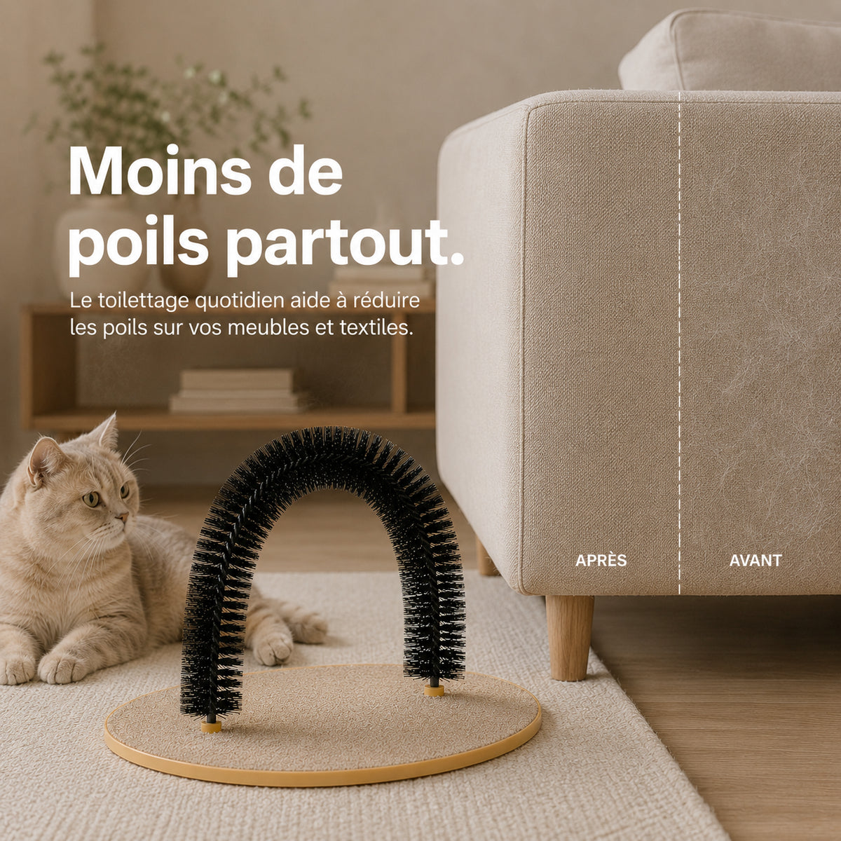Arche de toilettage posée au sol devant un canapé, vue de côté