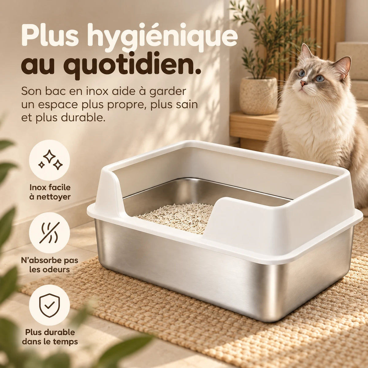 Bac à litière en inox posé sur un tapis, un chat à poil long assis à côté