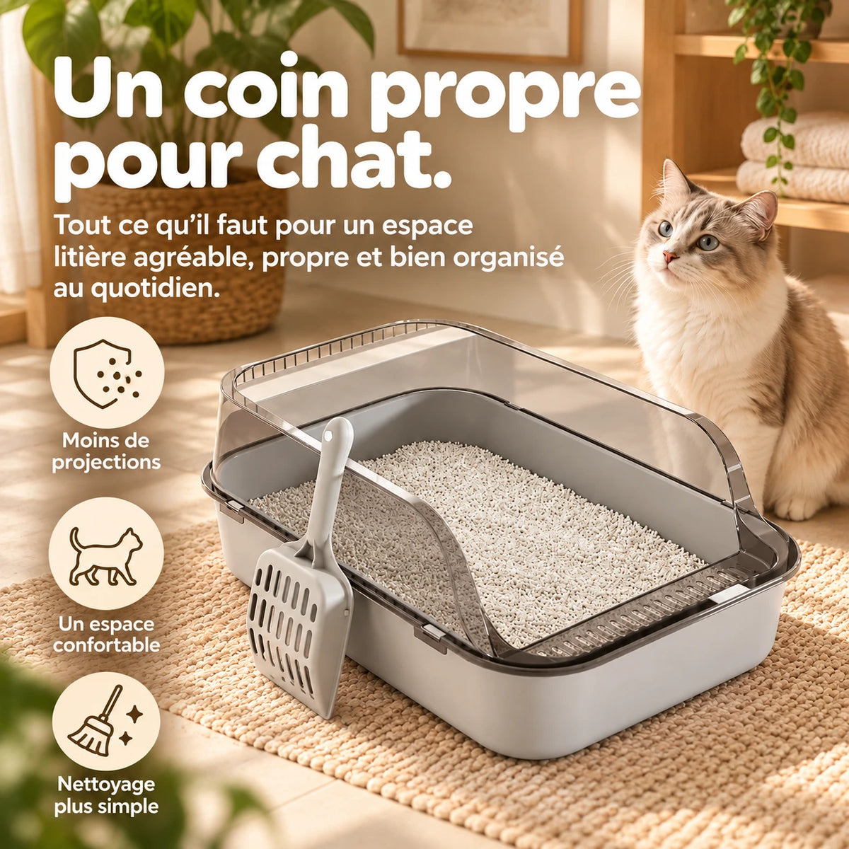 Bac à litière gris à rebord haut posé sur un tapis, un chat assis à côté