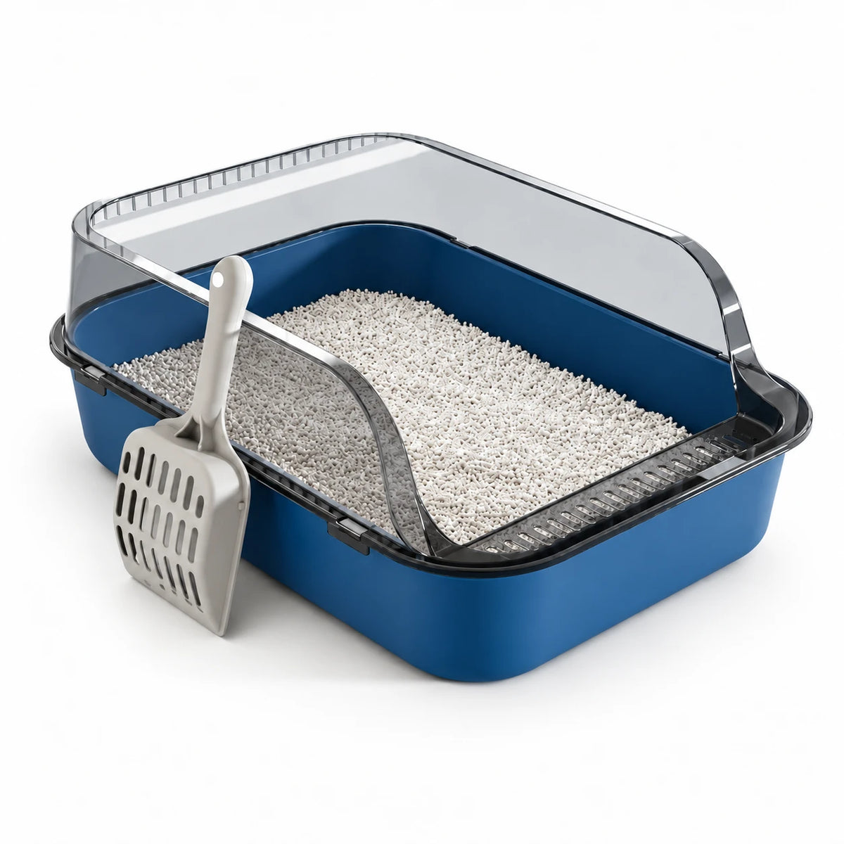 Bac à litière bleu pour chat avec rebord haut transparent et pelle incluse