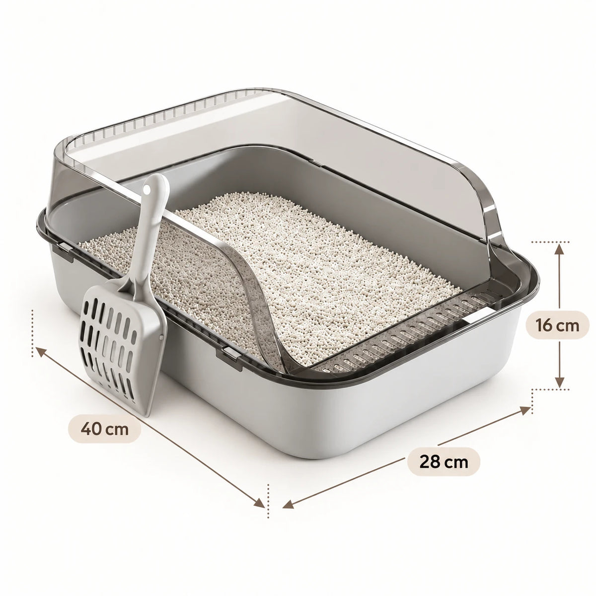 Dimensions du bac à litière : 40 cm de long, 28 cm de large et 16 cm de haut rebord compris