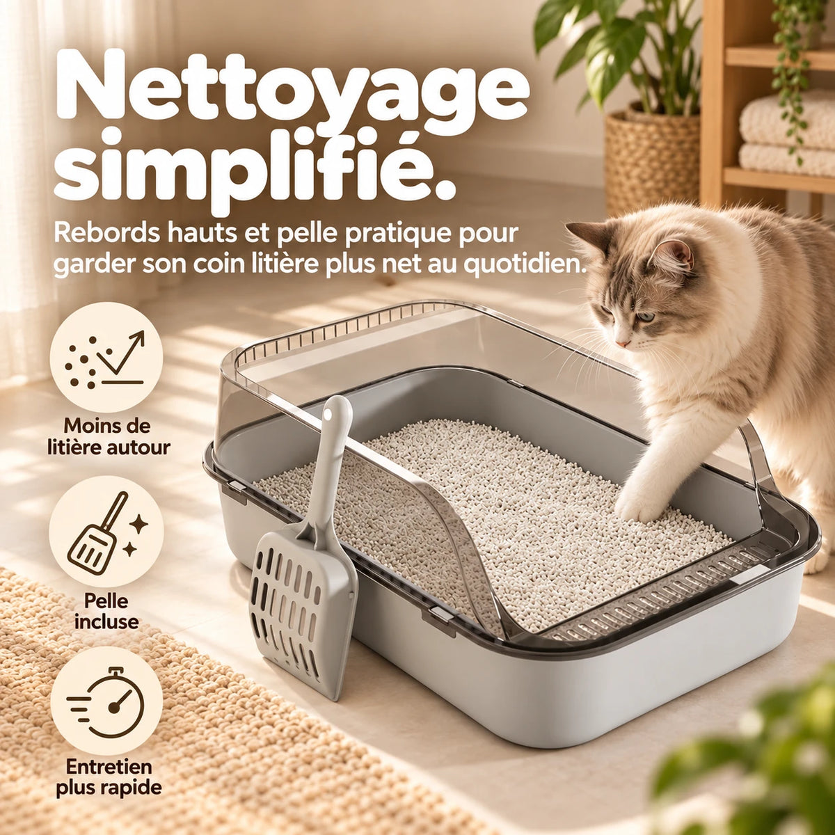 Chat posant la patte sur le rebord transparent du bac à litière, la pelle posée contre le bac