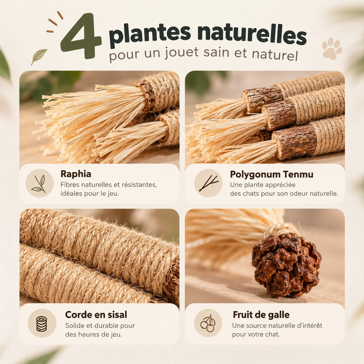 Les composants naturels du bâton : raphia, Polygonum Tenmu, corde de sisal et fruit de galle