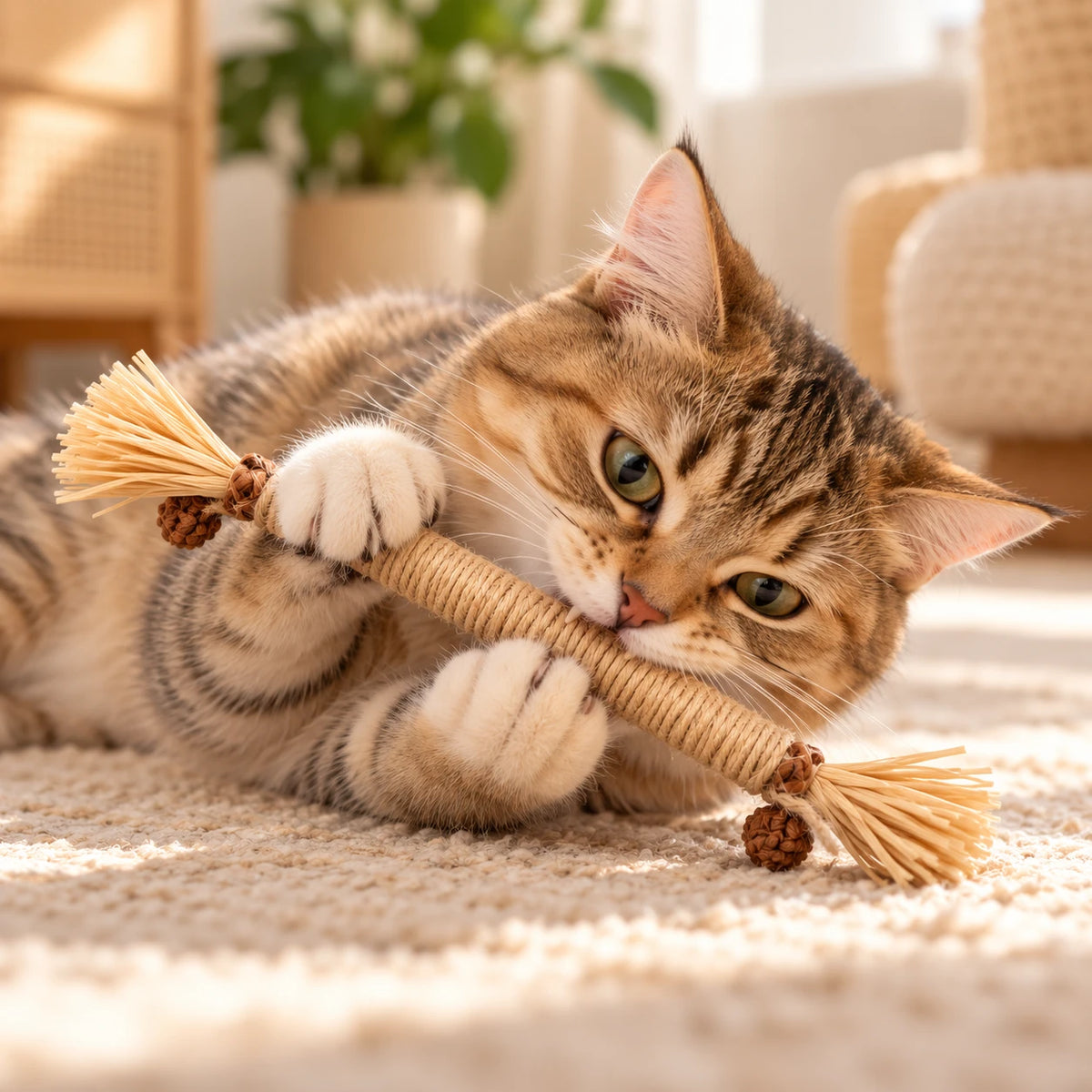 Chat tigré allongé sur un tapis, le bâton à mâcher tenu entre les pattes avant