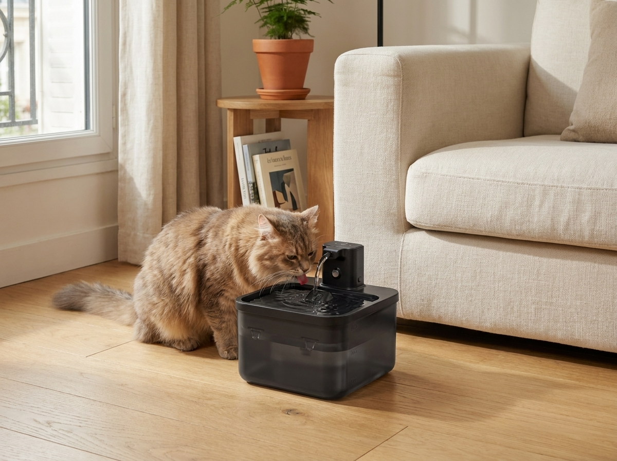 Un chat boit à une fontaine à eau posée au sol, à l'écart du passage