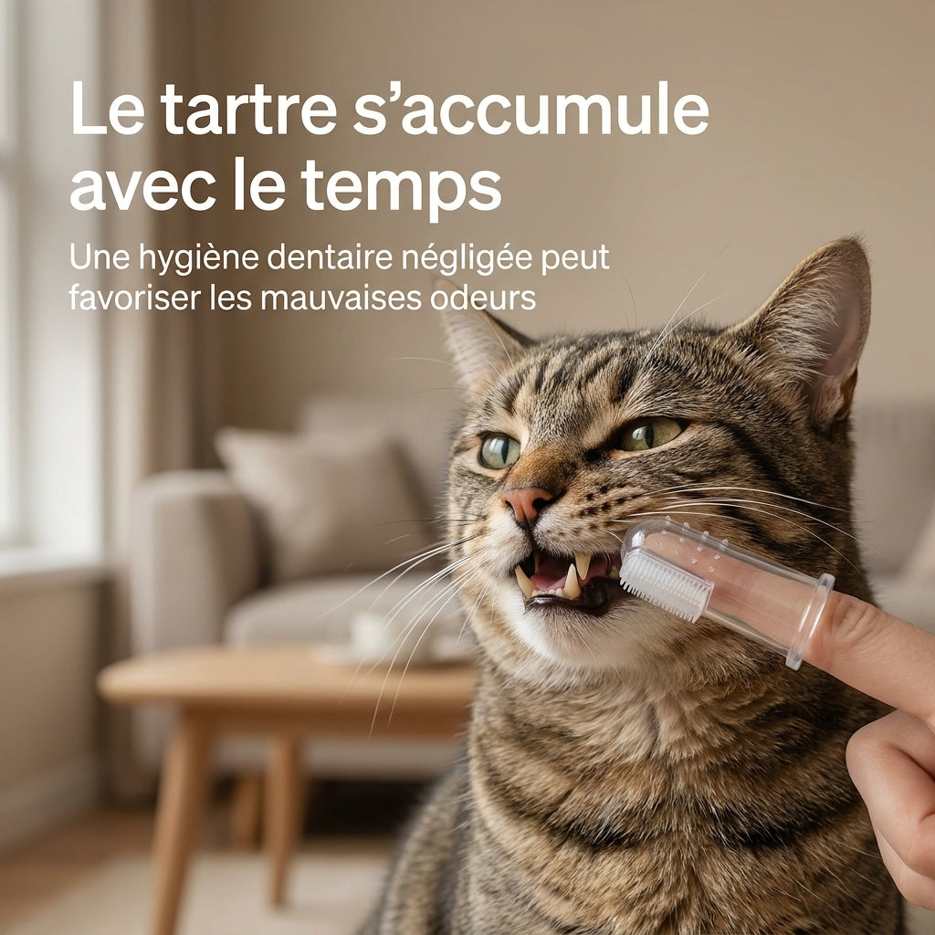 Chat tigré assis dans un salon, visuel d'introduction sur l'hygiène dentaire