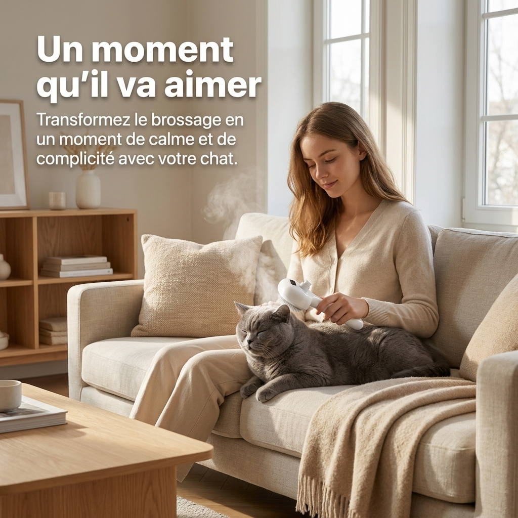 Chat brossé sur un canapé pendant une séance de toilettage à la brosse vapeur