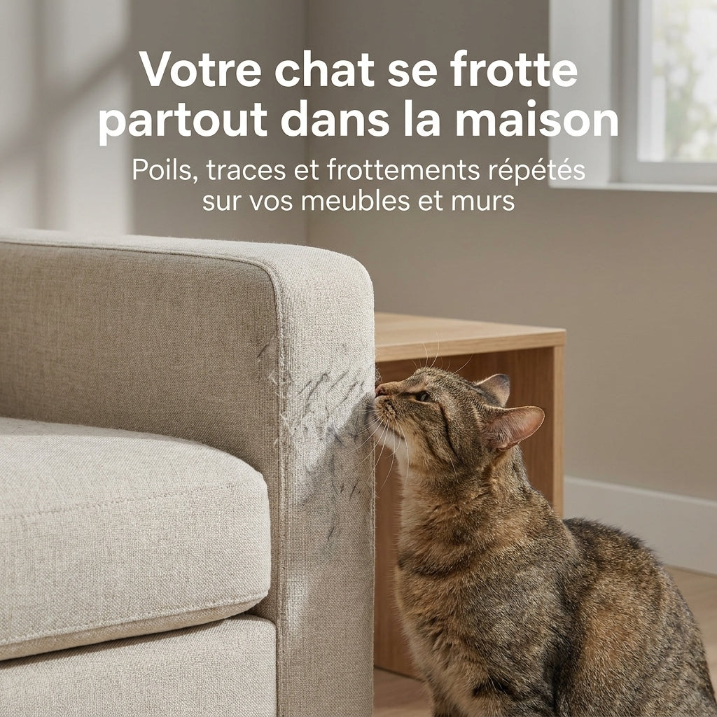 Chat tigré se frottant contre l'angle d'un meuble dans un salon