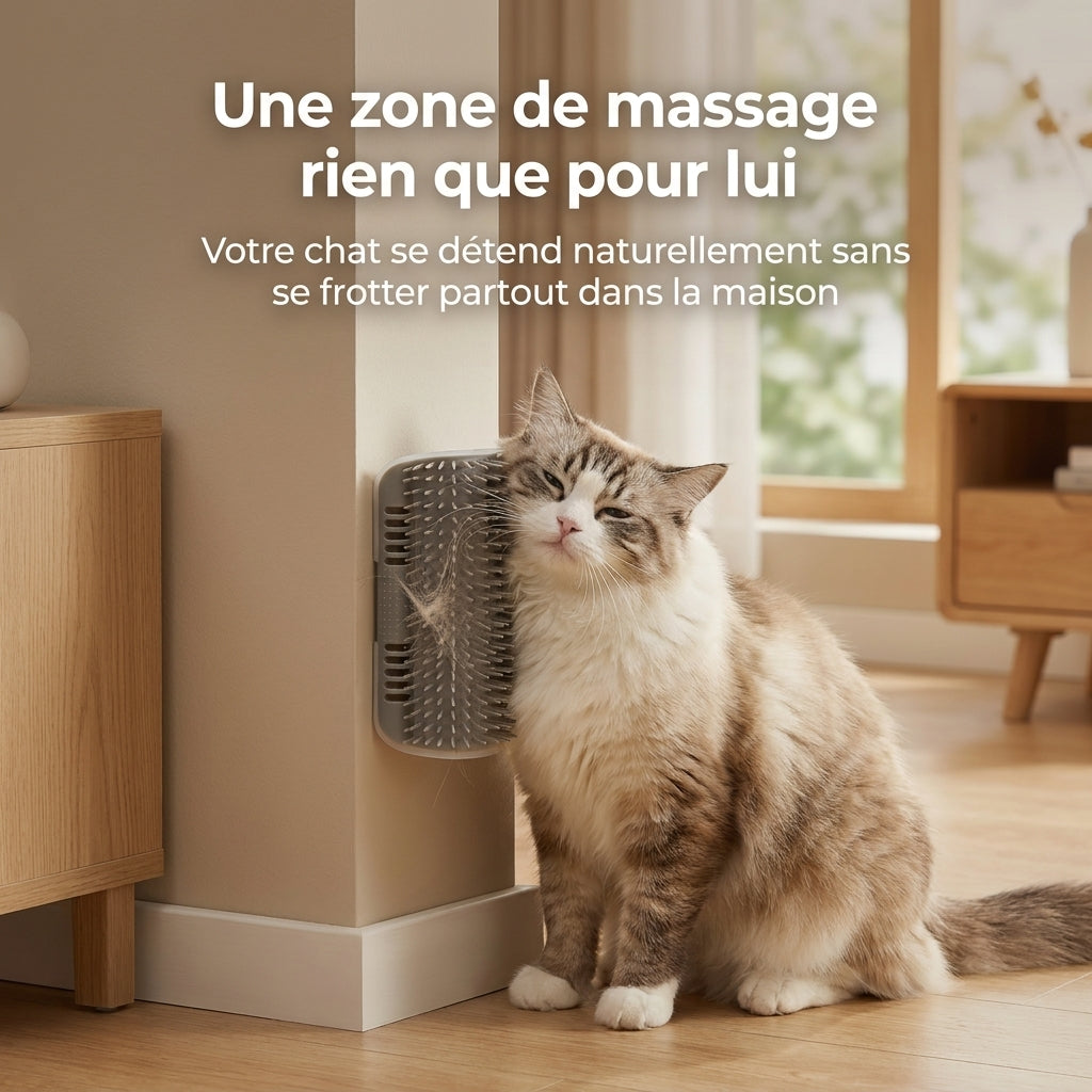 Chat assis devant la brosse murale fixée au bas d'un mur clair