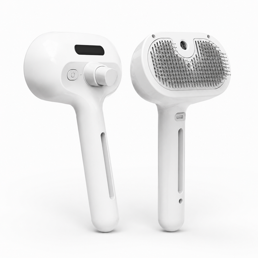Brosse vapeur MiaouLab pour chat, blanche, avec son réservoir et ses picots rétractables