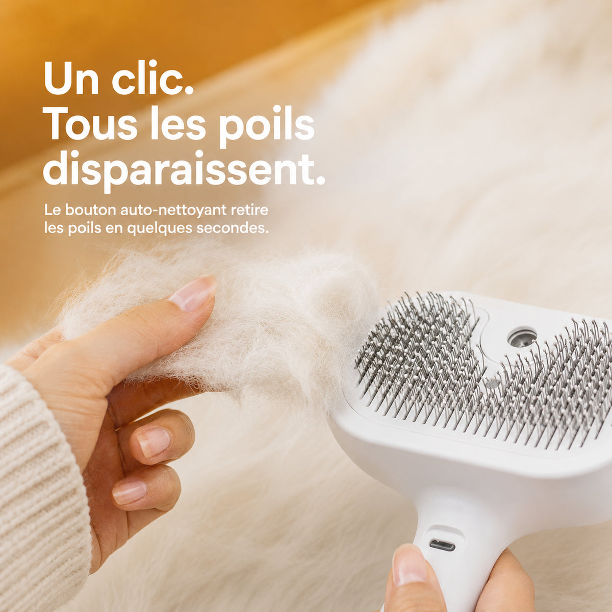 Pression sur le bouton de la brosse vapeur : les poils retenus sont repoussés hors des picots