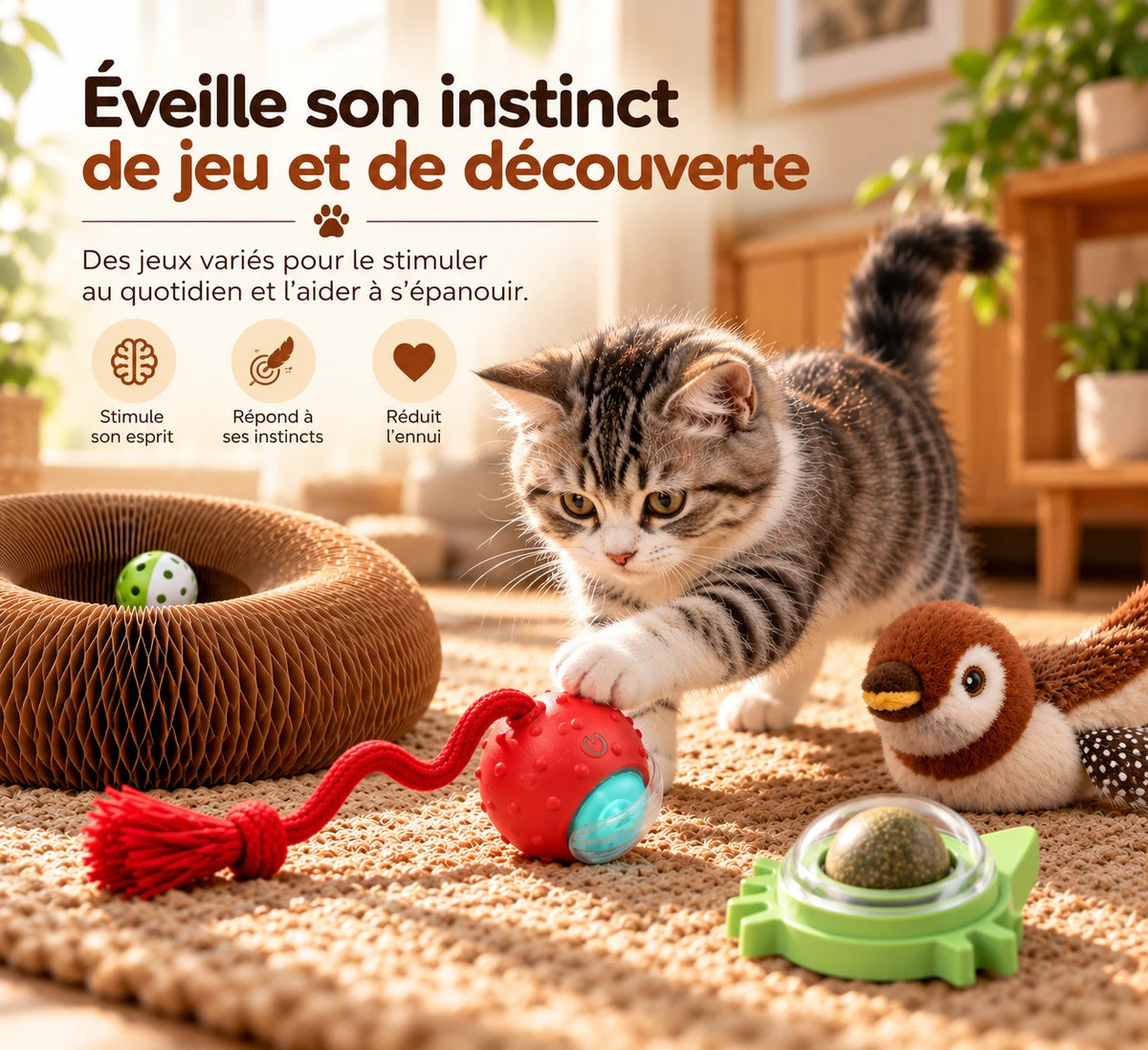 Chaton tigré jouant avec la balle interactive rouge, les trois autres jouets autour de lui sur un tapis