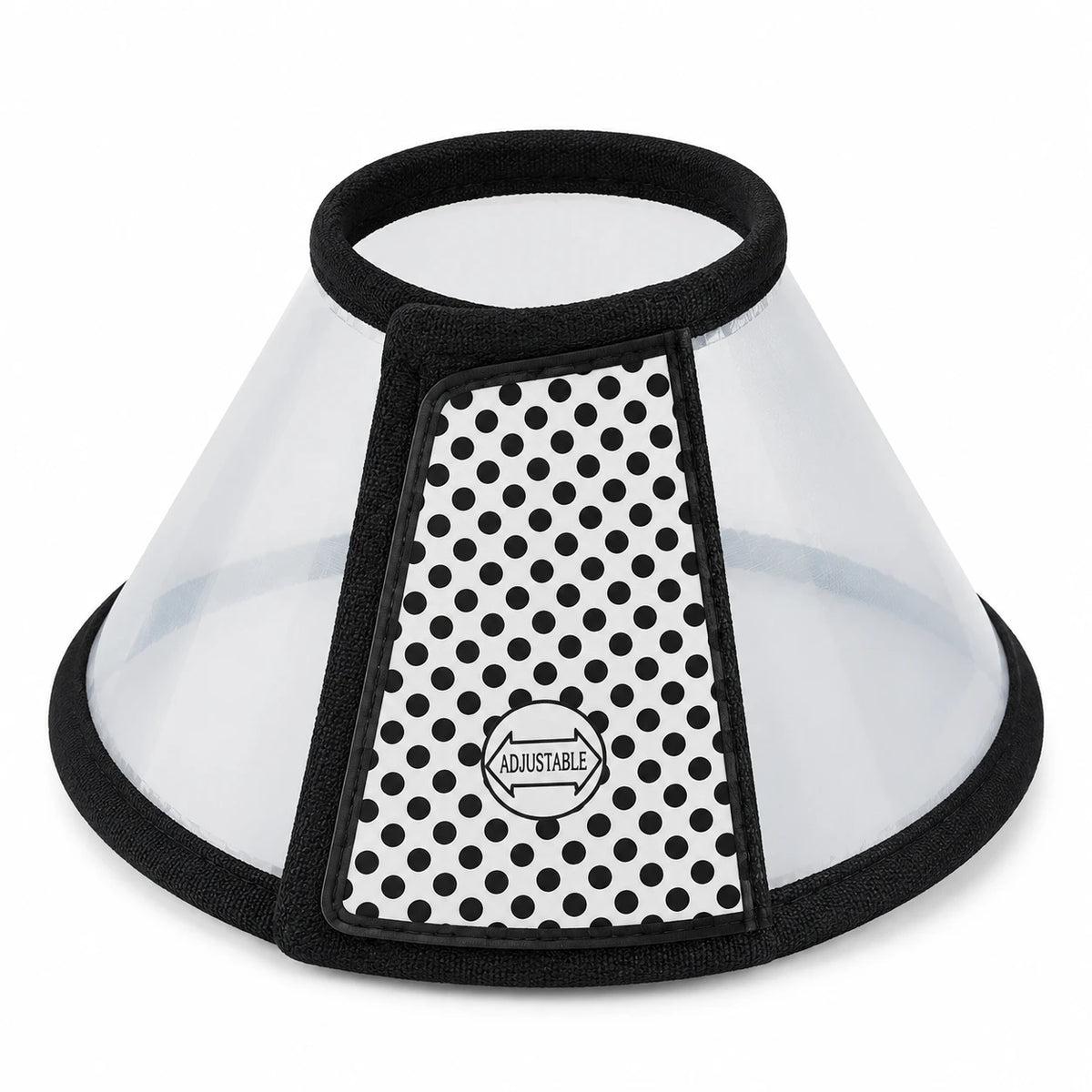 Collerette transparente vue seule, avec bordures noires et rabat de fermeture à pois