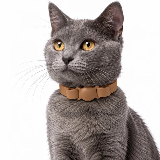 Collier porte-AirTag pour chat en camel, logement rond au centre de la lanière