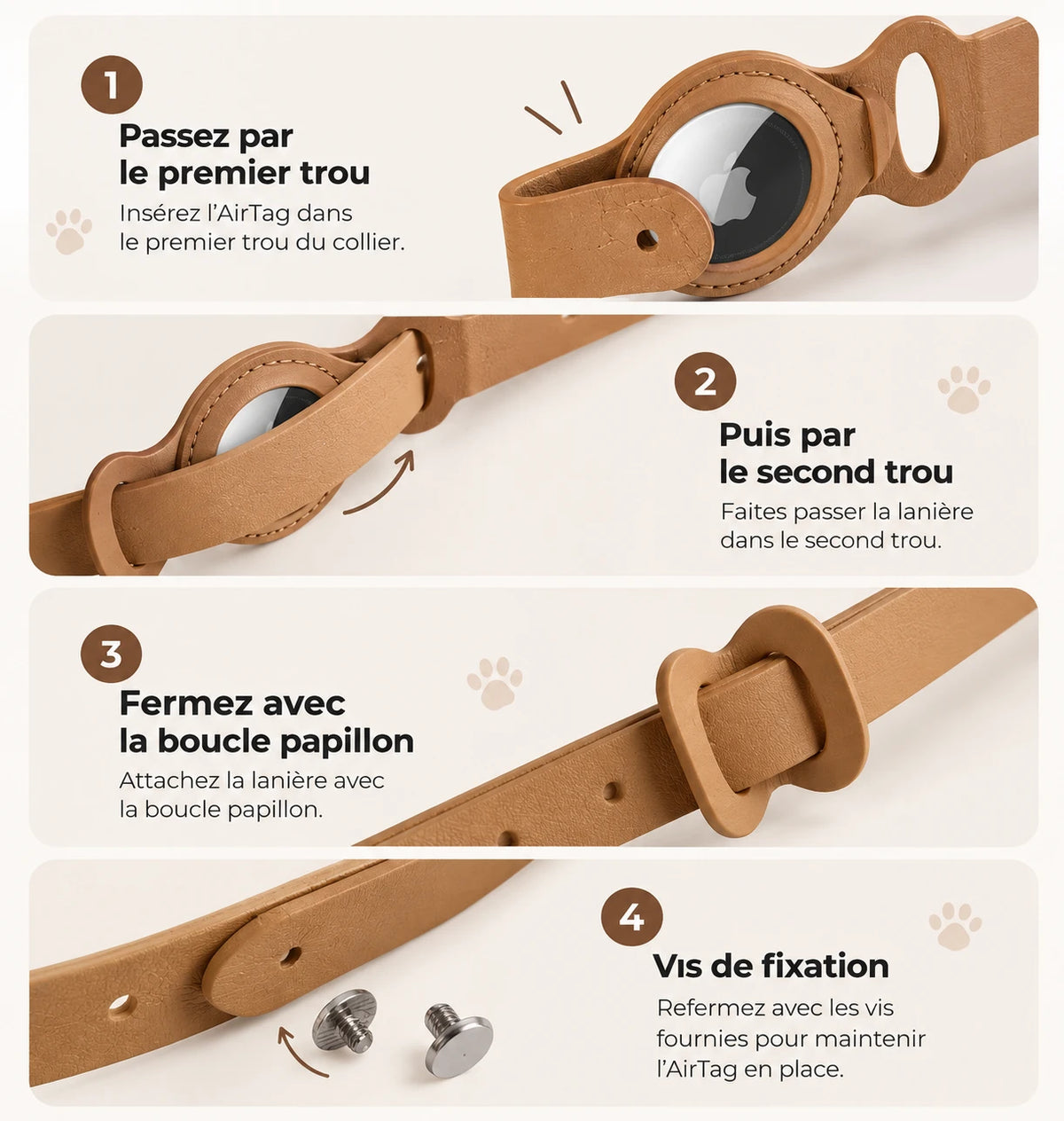 Les quatre étapes du montage : les deux trous, la boucle papillon et les vis fournies