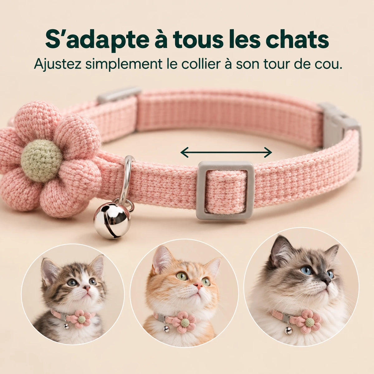 Passant coulissant du collier rose, qui règle la longueur au tour de cou du chat