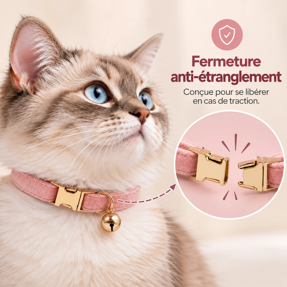 Gros plan sur la boucle anti-étranglement dorée du collier rose, ouverte en deux parties