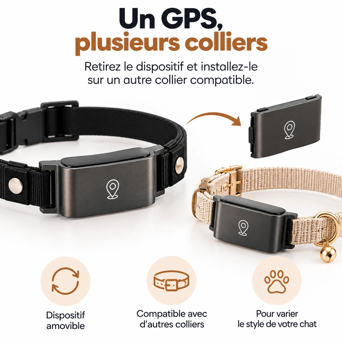 Le boîtier se détache de la sangle noire pour être posé sur un autre collier