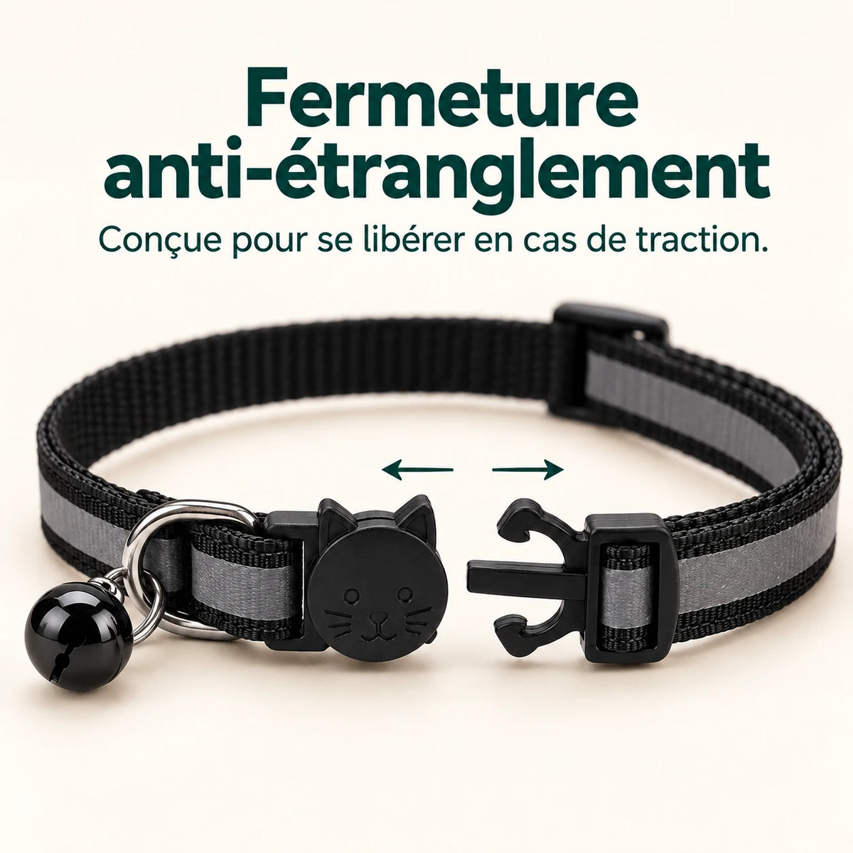 La boucle se sépare en deux parties lorsqu’une traction s’exerce sur le collier
