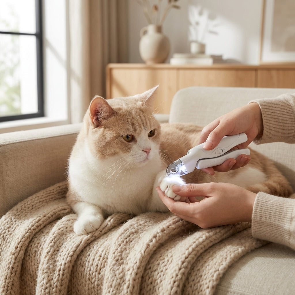 Coupe des griffes d'un chat roux avec le coupe-griffes LED MiaouLab