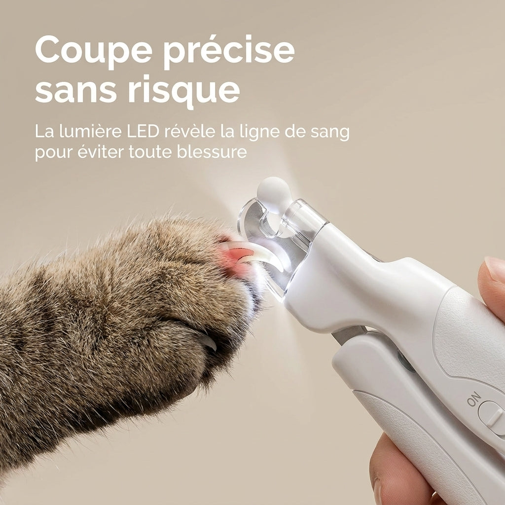 Coupe-griffes LED approché de la griffe d'un chat, la LED éclaire la griffe par-dessous