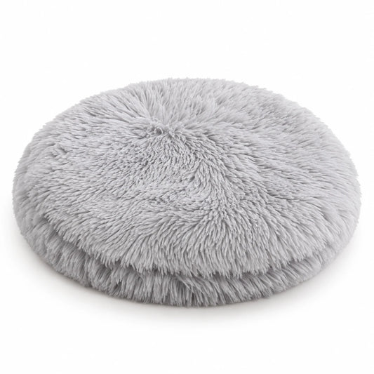 Coussin rond à poils longs pour chat, gris clair, plat et sans rebord
