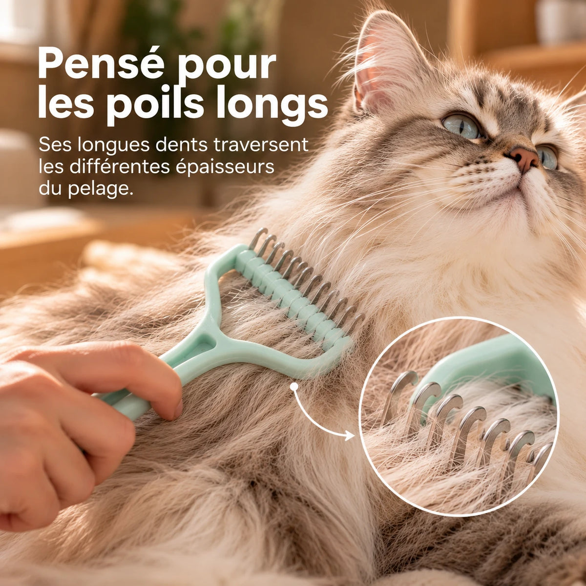 Les lames du peigne traversées dans le pelage long et fourni d'un chat