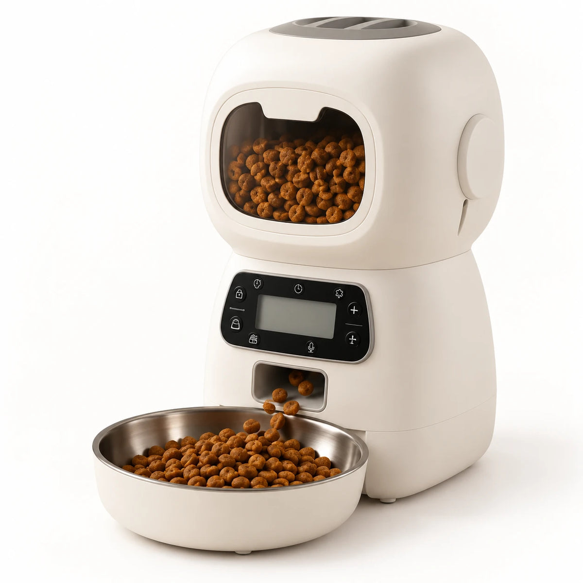 Distributeur automatique de croquettes pour chat 3,5 L blanc, bol en inox et écran de programmation