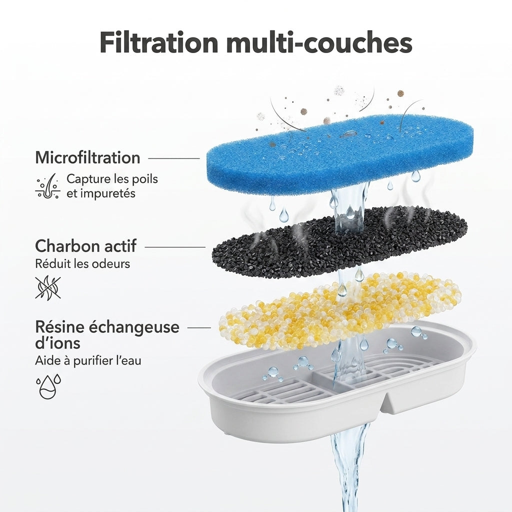 Vue éclatée du filtre : microfiltration, charbon actif et résine, couche par couche