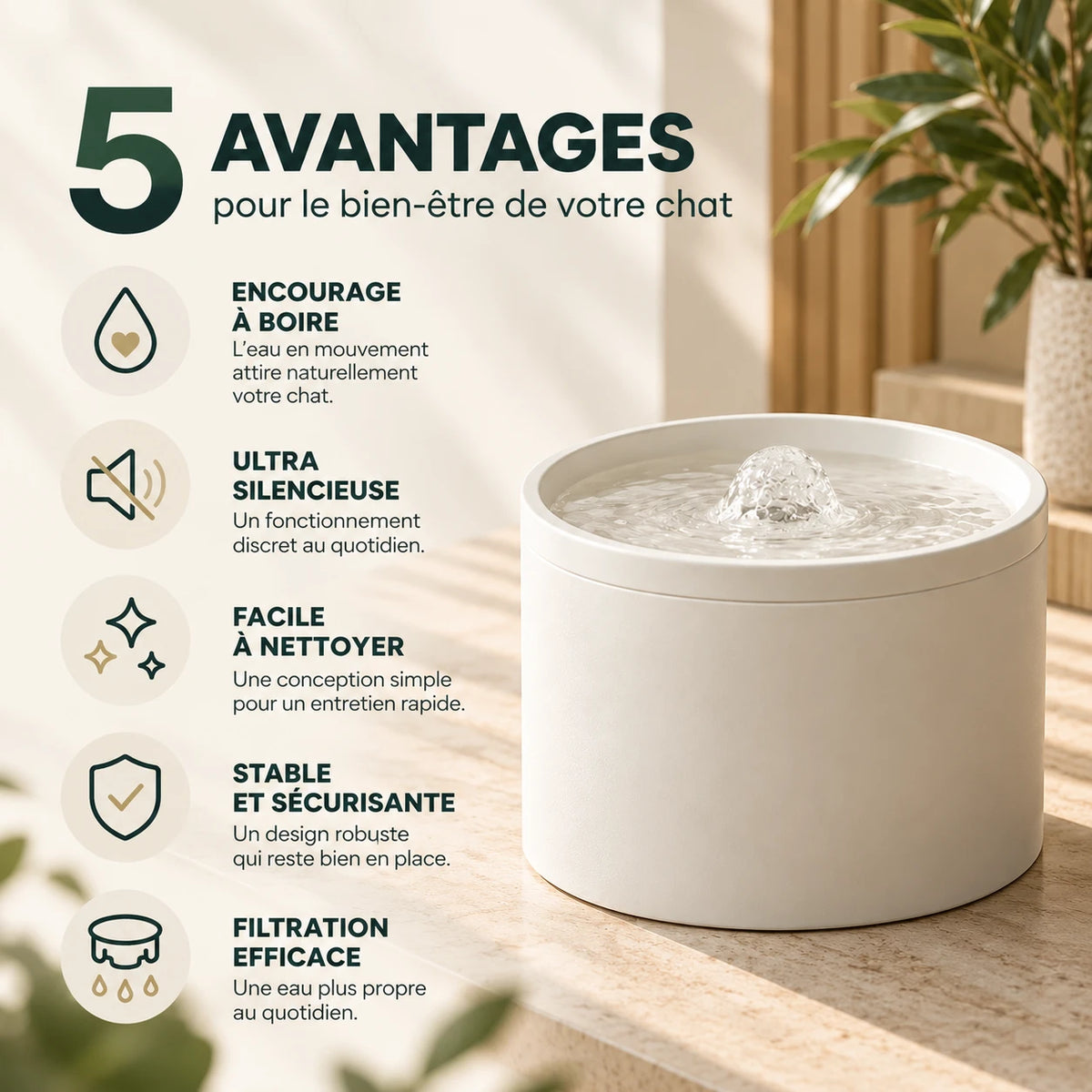 Infographie : les cinq avantages de la fontaine, de l’eau en mouvement à la filtration
