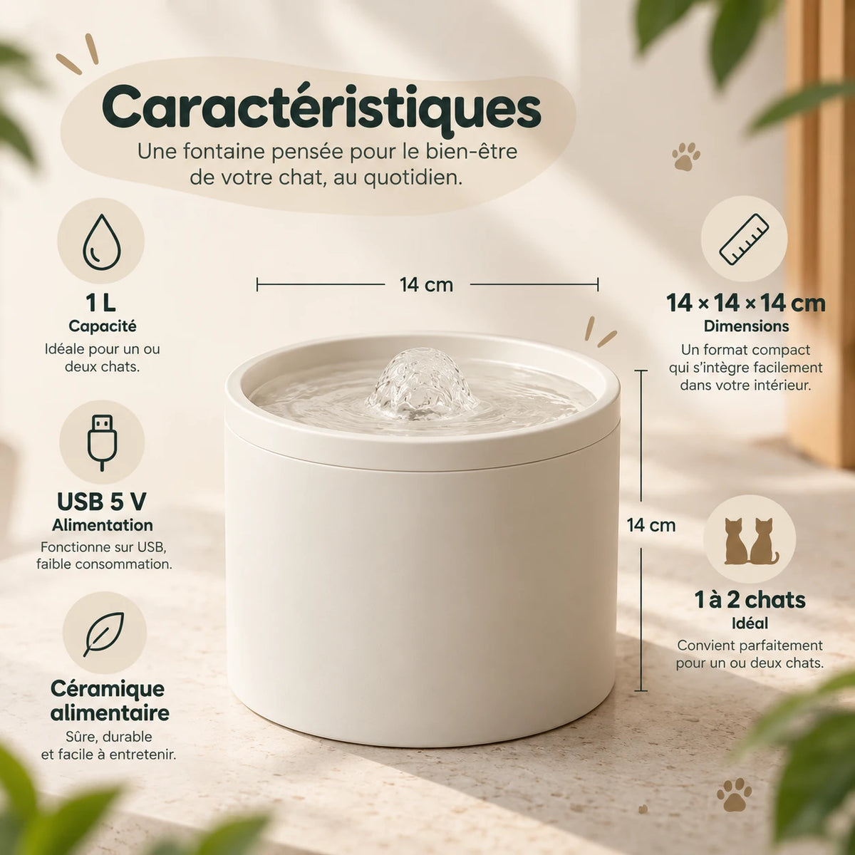 Infographie : caractéristiques de la fontaine, 1 L, 14 × 14 × 14 cm, USB 5 V, céramique alimentaire