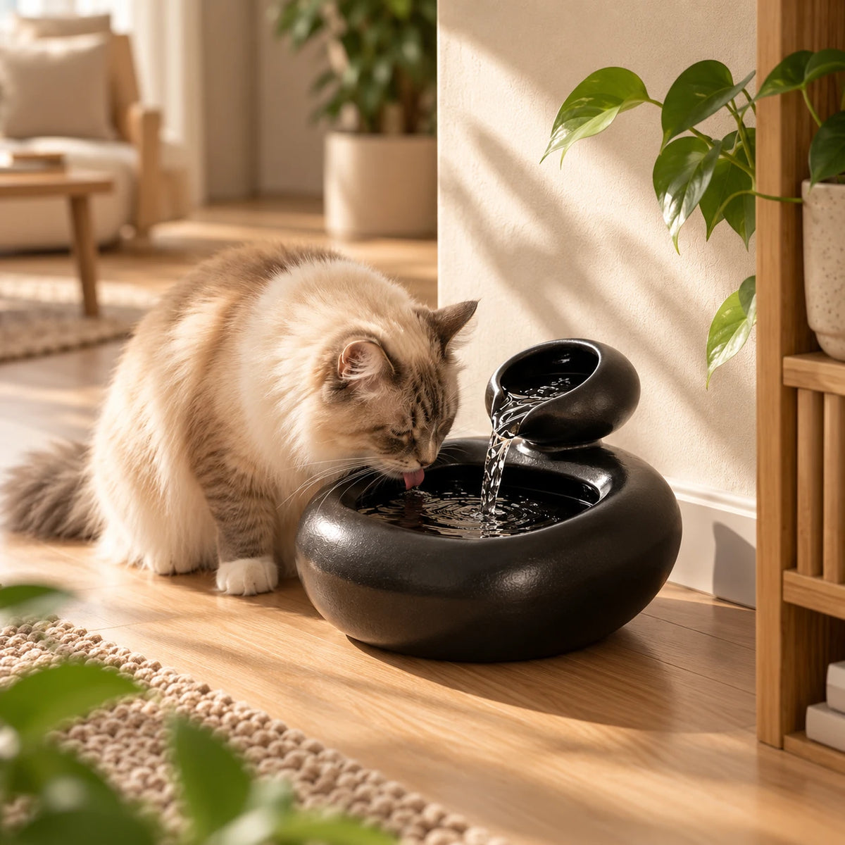 Chat buvant à la fontaine en céramique noire dans un salon clair en bois