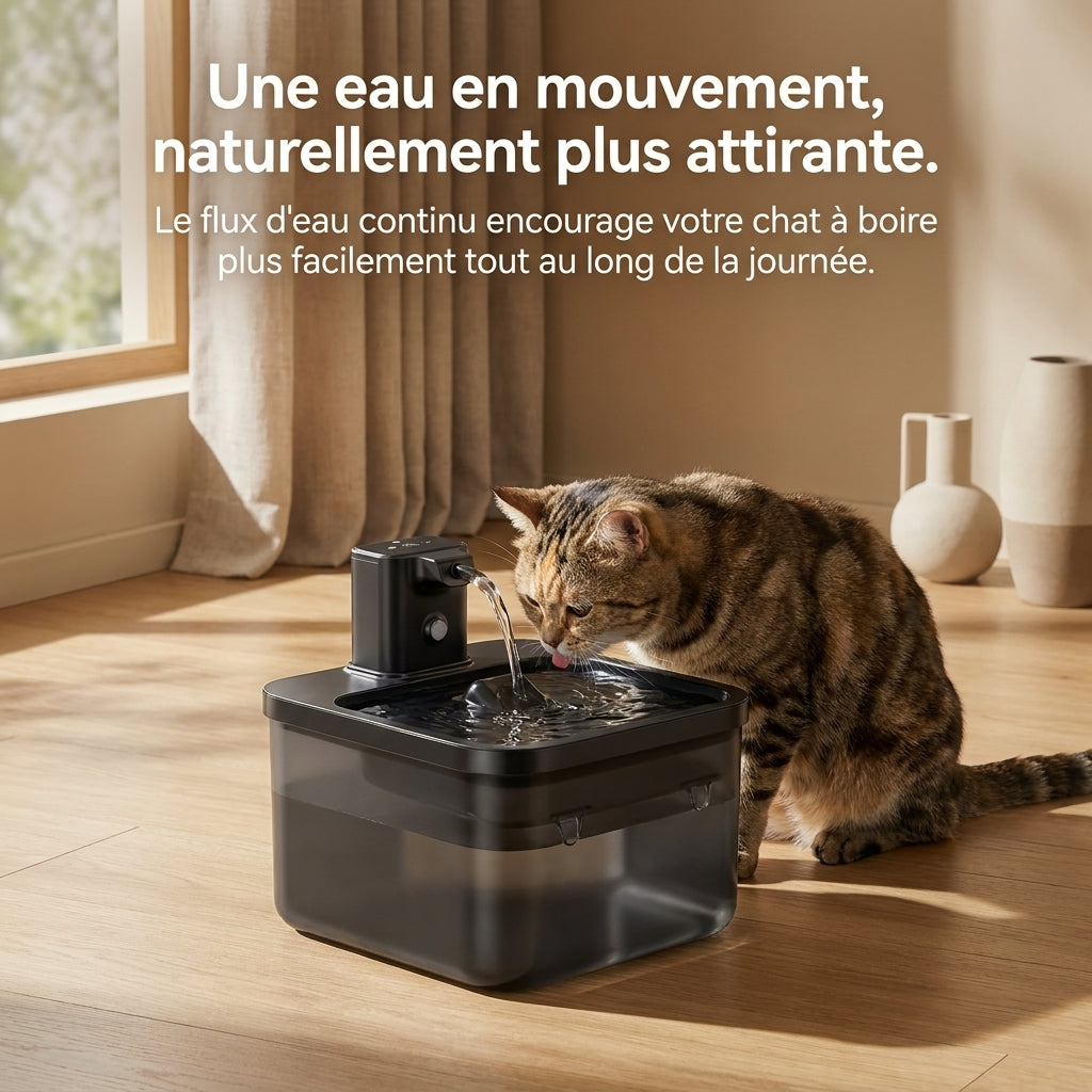 Chat tigré buvant à la fontaine à eau MiaouLab en inox, près d'une fenêtre