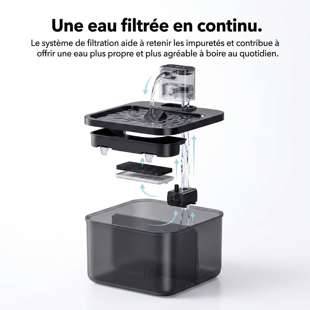 Vue éclatée de la fontaine MiaouLab : plateau en inox, pompe et filtre à charbon actif