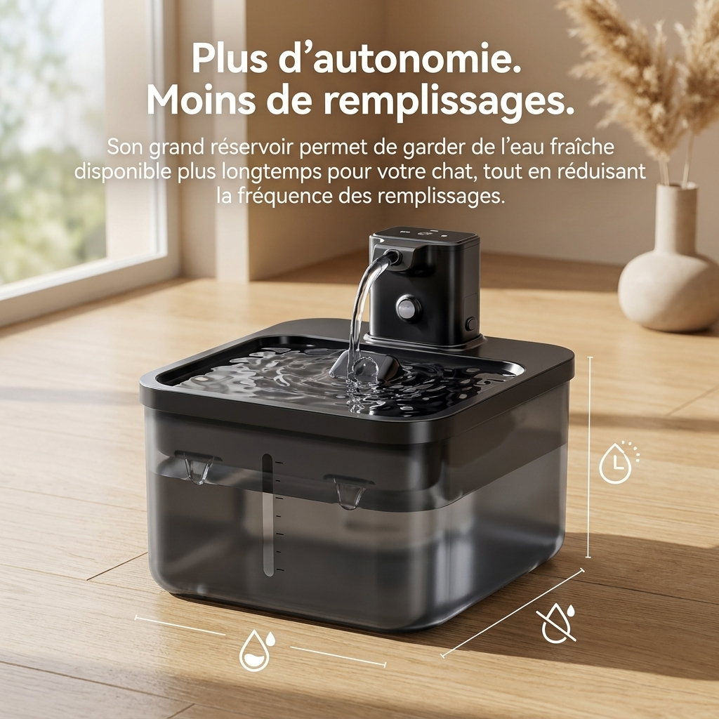 Fontaine à eau MiaouLab en inox posée sur le parquet d'un salon lumineux