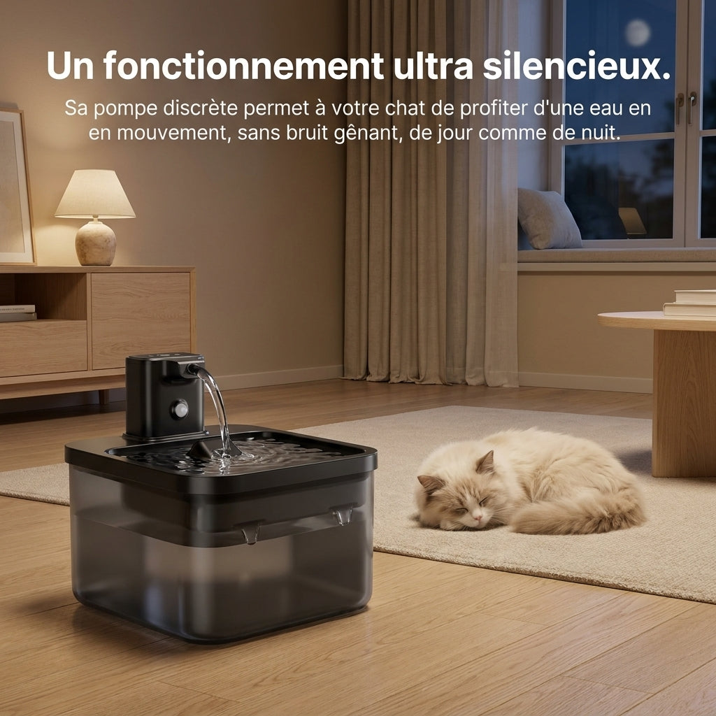 Chat crème endormi sur un tapis derrière la fontaine à eau MiaouLab en fonctionnement