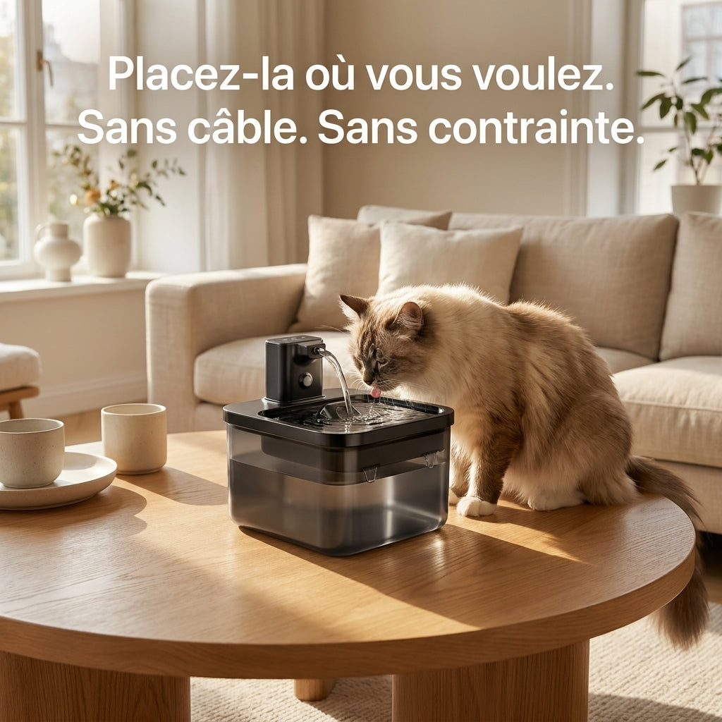 Chat beige buvant à la fontaine MiaouLab posée sur une table basse ronde, sans câble apparent