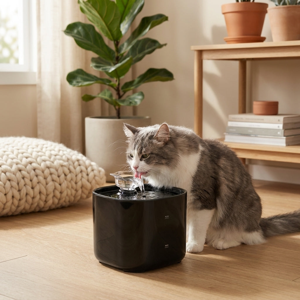 Chat gris et blanc buvant à la fontaine MiaouLab posée au sol dans un salon